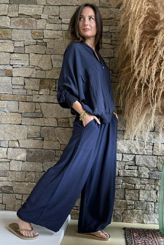 Basso Button Drape Batwing Shirt Navy